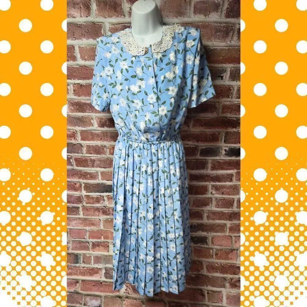 Vintage 70s‎ Women's LESLIE FAYE Short Sleeves Floral Pleated Midi Dress 12P